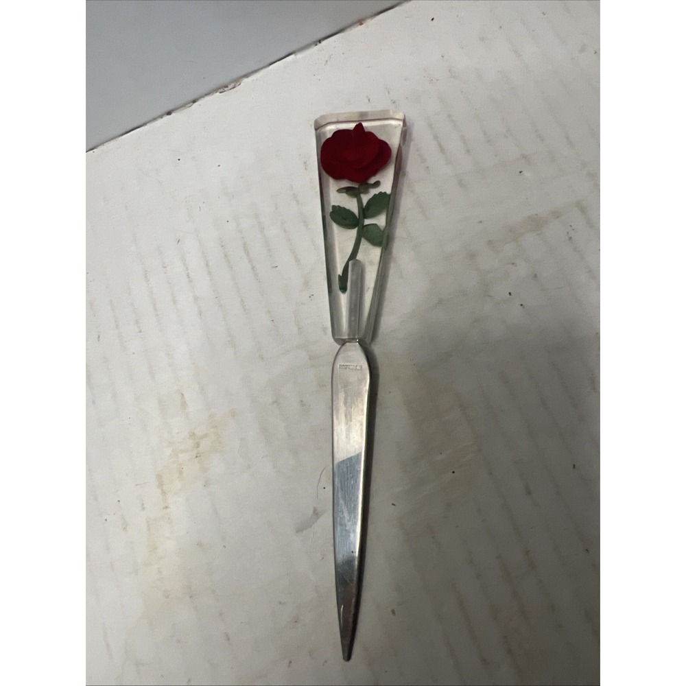 Vintage Lucite Rose Letter Opener Steel Floral Handle USA Desk Office